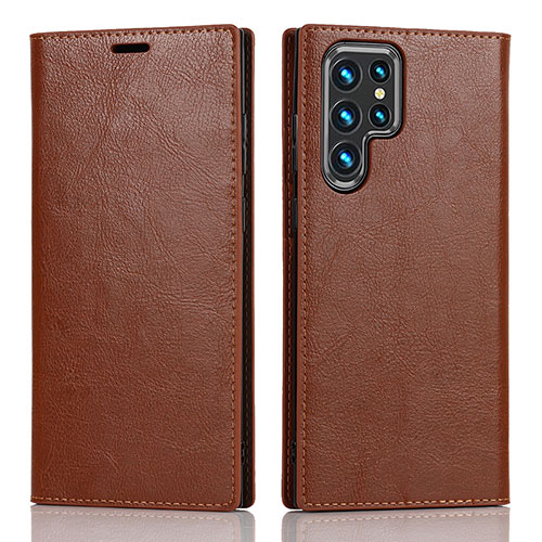 Leather Case Stands Flip Cover Holder D07T for Samsung Galaxy S21 Ultra 5G Light Brown