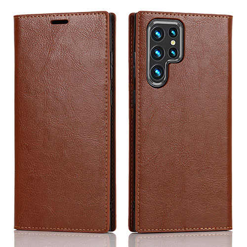 Leather Case Stands Flip Cover Holder D07T for Samsung Galaxy S22 Ultra 5G Light Brown