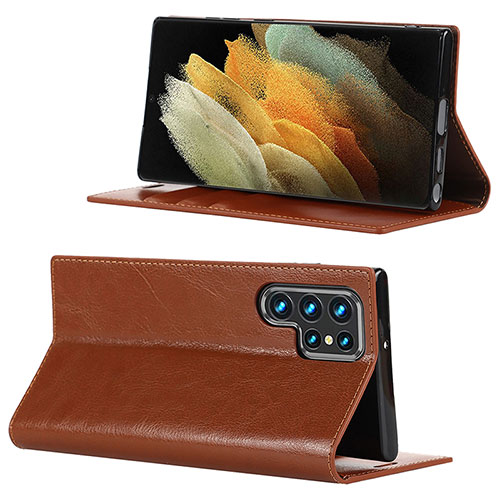 Leather Case Stands Flip Cover Holder D08T for Samsung Galaxy S23 Ultra 5G Light Brown