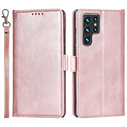 Leather Case Stands Flip Cover Holder D09T for Samsung Galaxy S22 Ultra 5G Rose Gold