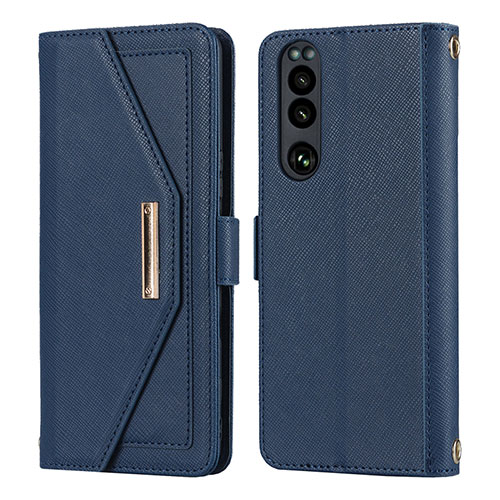 Leather Case Stands Flip Cover Holder DT1 for Sony Xperia 5 III Blue