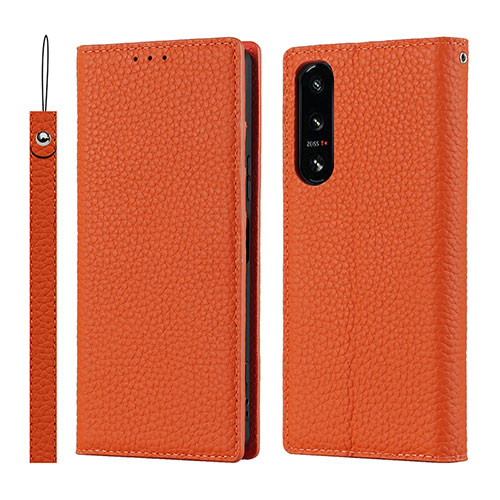 Leather Case Stands Flip Cover Holder DT2 for Sony Xperia 5 IV Orange