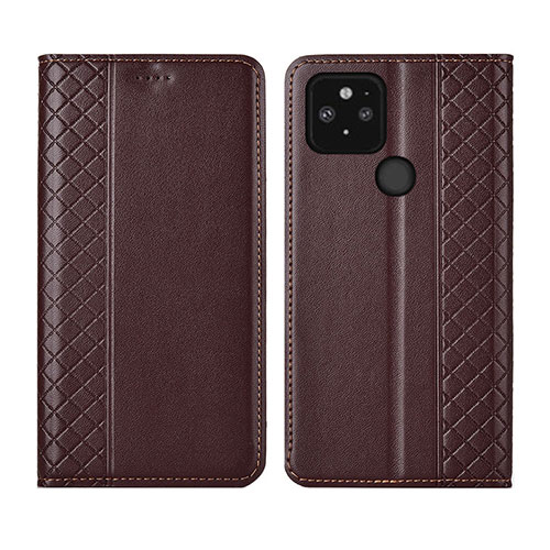 Leather Case Stands Flip Cover Holder for Google Pixel 5 Brown