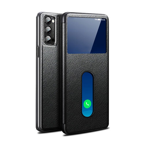 Leather Case Stands Flip Cover Holder for Oppo Reno4 5G Black