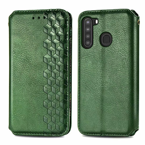 Leather Case Stands Flip Cover Holder for Samsung Galaxy A21 Green