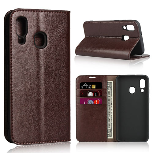 Leather Case Stands Flip Cover Holder for Samsung Galaxy A40 Brown