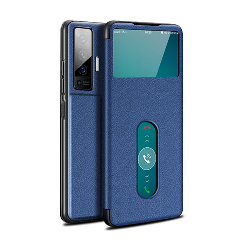 Leather Case Stands Flip Cover Holder for Vivo X50 5G Blue