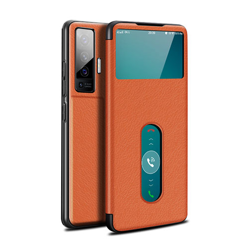 Leather Case Stands Flip Cover Holder for Vivo X50 5G Orange
