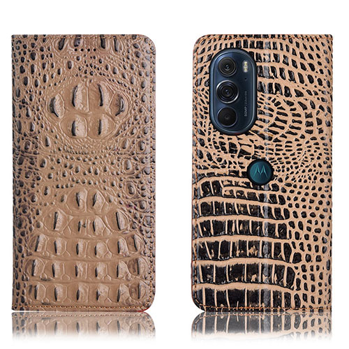 Leather Case Stands Flip Cover Holder H01P for Motorola Moto Edge X30 5G Khaki