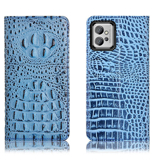Leather Case Stands Flip Cover Holder H01P for Motorola Moto G32 Sky Blue