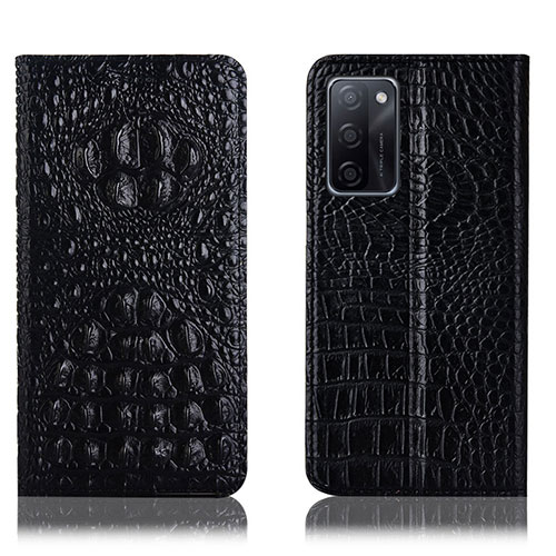 Leather Case Stands Flip Cover Holder H01P for Oppo A55S 5G Black