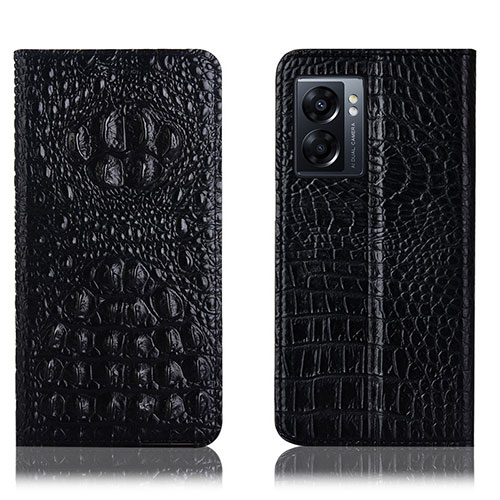 Leather Case Stands Flip Cover Holder H01P for Oppo A56S 5G Black