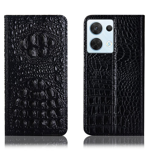 Leather Case Stands Flip Cover Holder H01P for Oppo Reno9 5G Black