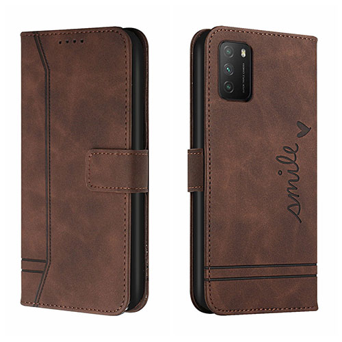 Leather Case Stands Flip Cover Holder H01X for Xiaomi Poco M3 Brown
