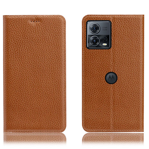 Leather Case Stands Flip Cover Holder H02P for Motorola Moto Edge 30 Fusion 5G Light Brown