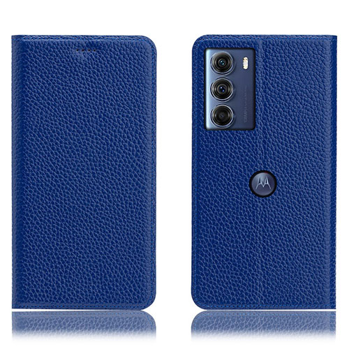 Leather Case Stands Flip Cover Holder H02P for Motorola Moto G200 5G Blue