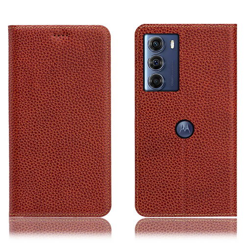 Leather Case Stands Flip Cover Holder H02P for Motorola Moto G200 5G Brown