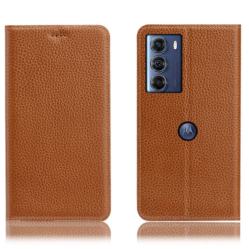 Leather Case Stands Flip Cover Holder H02P for Motorola Moto G200 5G Light Brown