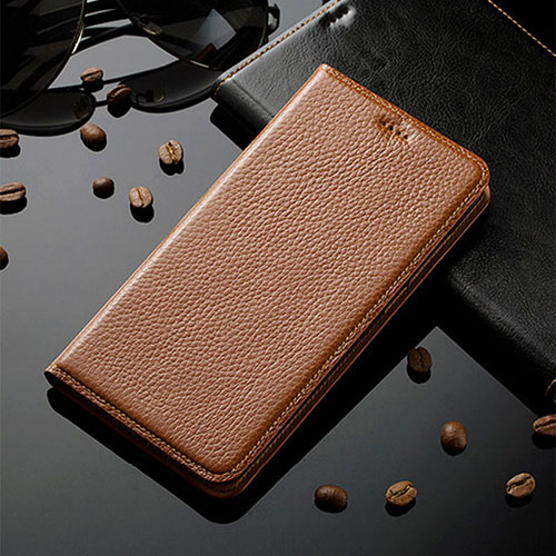 Leather Case Stands Flip Cover Holder H02P for Motorola Moto G30 Light Brown