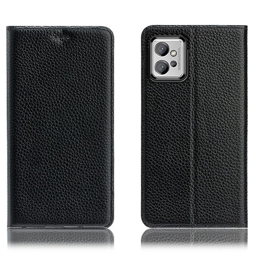 Leather Case Stands Flip Cover Holder H02P for Motorola Moto G32 Black