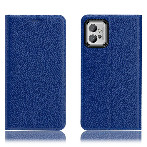 Leather Case Stands Flip Cover Holder H02P for Motorola Moto G32 Blue