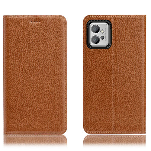 Leather Case Stands Flip Cover Holder H02P for Motorola Moto G32 Light Brown