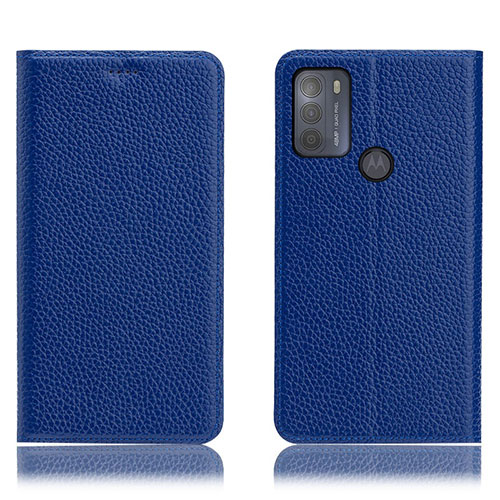 Leather Case Stands Flip Cover Holder H02P for Motorola Moto G50 Blue