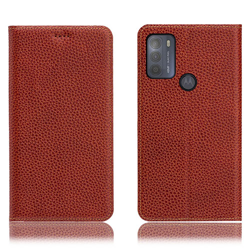 Leather Case Stands Flip Cover Holder H02P for Motorola Moto G50 Brown