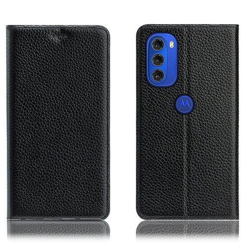 Leather Case Stands Flip Cover Holder H02P for Motorola Moto G51 5G Black