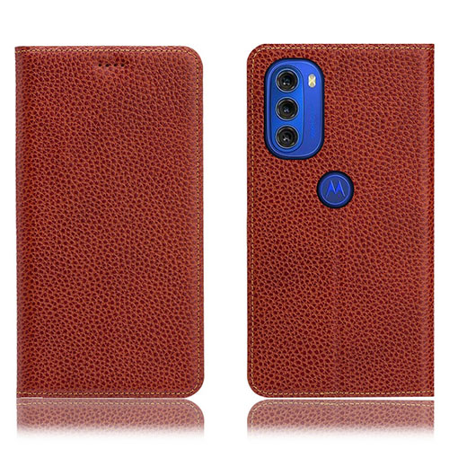 Leather Case Stands Flip Cover Holder H02P for Motorola Moto G51 5G Brown