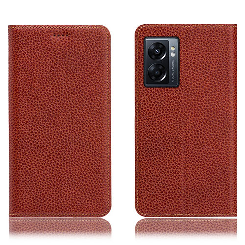 Leather Case Stands Flip Cover Holder H02P for OnePlus Nord N300 5G Brown