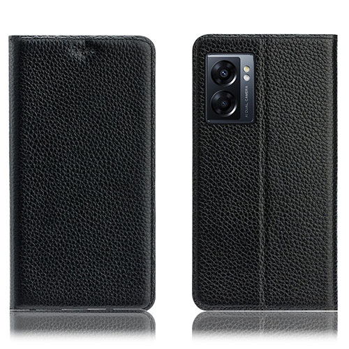 Leather Case Stands Flip Cover Holder H02P for Oppo A56S 5G Black