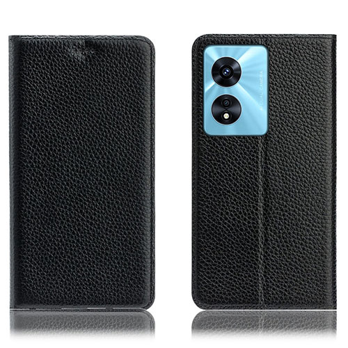 Leather Case Stands Flip Cover Holder H02P for Oppo A58 5G Black