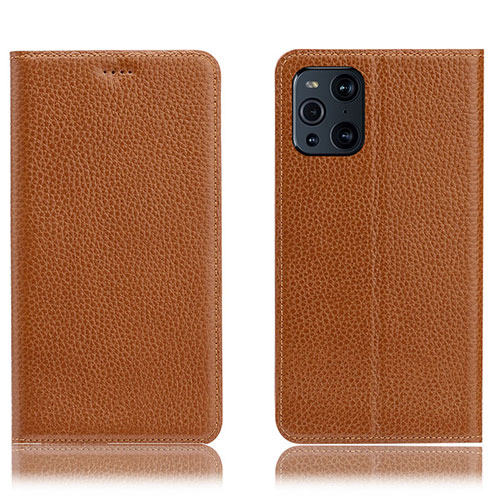 Leather Case Stands Flip Cover Holder H02P for Oppo Find X3 Pro 5G Light Brown