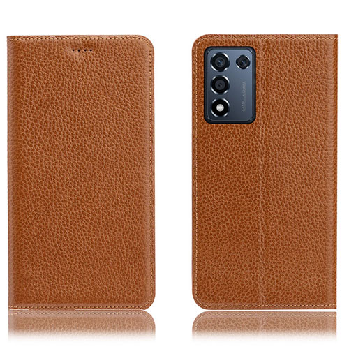 Leather Case Stands Flip Cover Holder H02P for Oppo K9S 5G Light Brown