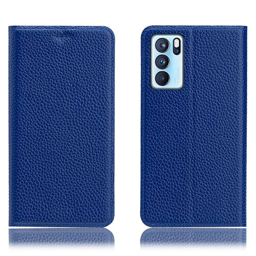 Leather Case Stands Flip Cover Holder H02P for Oppo Reno6 Pro 5G India Blue