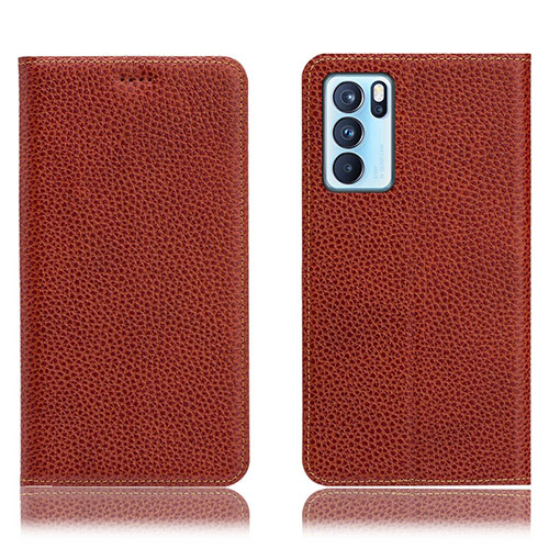 Leather Case Stands Flip Cover Holder H02P for Oppo Reno6 Pro 5G India Brown