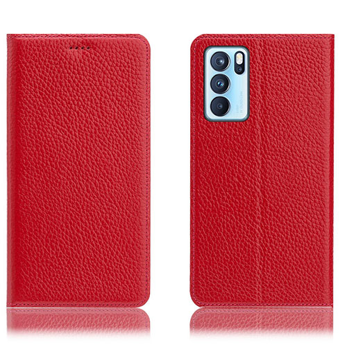 Leather Case Stands Flip Cover Holder H02P for Oppo Reno6 Pro 5G India Red