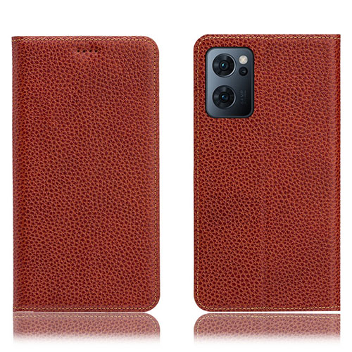 Leather Case Stands Flip Cover Holder H02P for Oppo Reno7 5G Brown