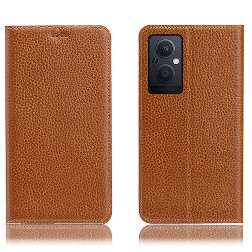 Leather Case Stands Flip Cover Holder H02P for Oppo Reno7 Lite 5G Light Brown