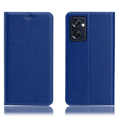 Leather Case Stands Flip Cover Holder H02P for Oppo Reno7 SE 5G Blue