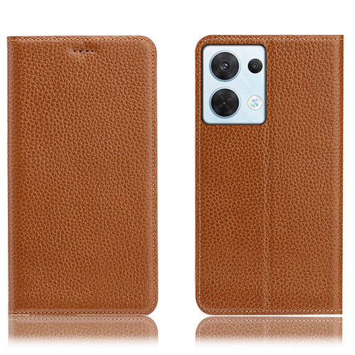 Leather Case Stands Flip Cover Holder H02P for Oppo Reno8 5G Light Brown