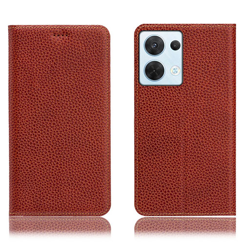 Leather Case Stands Flip Cover Holder H02P for Oppo Reno9 5G Brown
