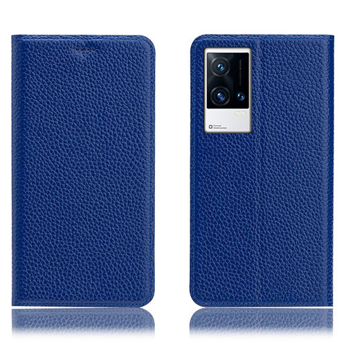 Leather Case Stands Flip Cover Holder H02P for Vivo iQOO 8 5G Blue