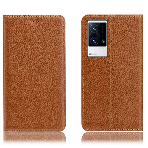 Leather Case Stands Flip Cover Holder H02P for Vivo iQOO 8 5G Light Brown