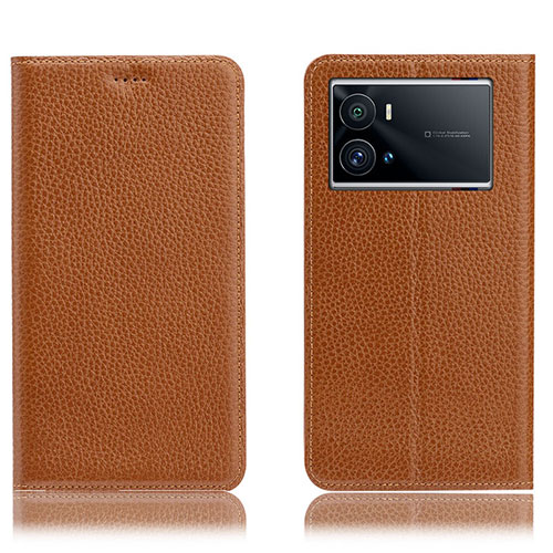 Leather Case Stands Flip Cover Holder H02P for Vivo iQOO 9 5G Light Brown