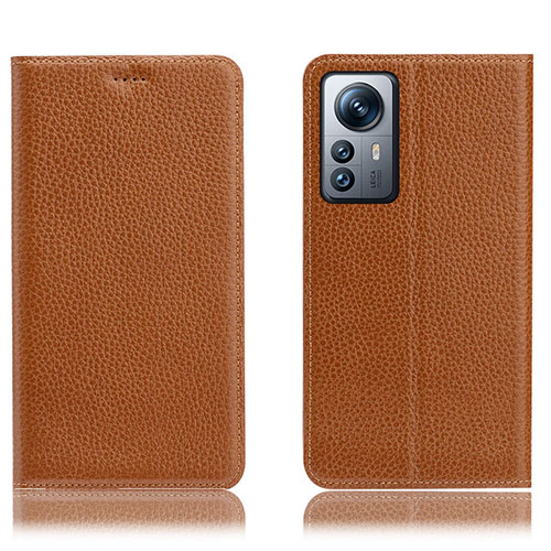Leather Case Stands Flip Cover Holder H02P for Xiaomi Mi 12 Pro 5G Light Brown