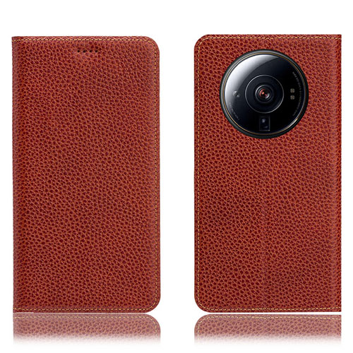 Leather Case Stands Flip Cover Holder H02P for Xiaomi Mi 12 Ultra 5G Brown