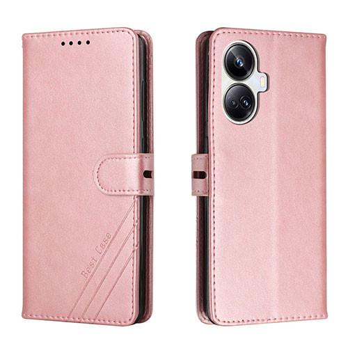 Leather Case Stands Flip Cover Holder H02X for Realme 10 Pro+ Plus 5G Rose Gold