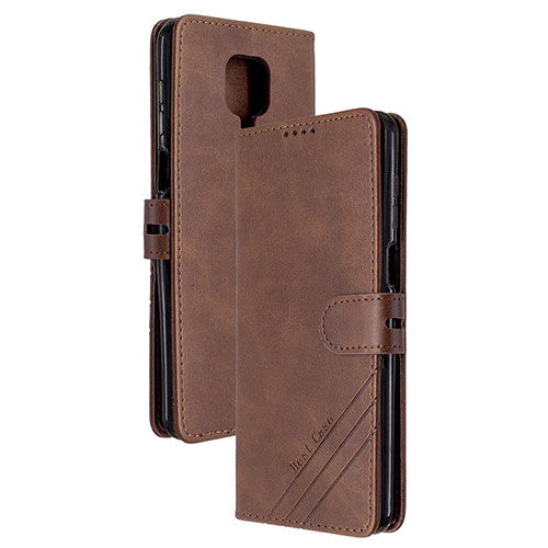 Leather Case Stands Flip Cover Holder H02X for Xiaomi Redmi Note 9 Pro Brown